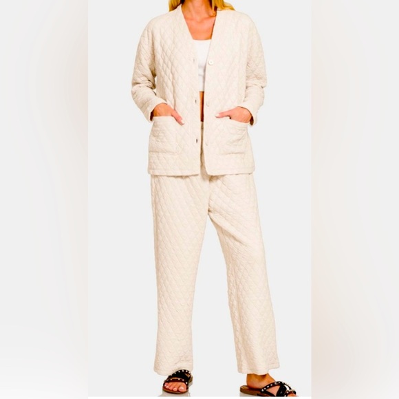 Zenana Quilted Button Up Long Sleeve Top and Pants Lounge Set - Picture 1 of 3